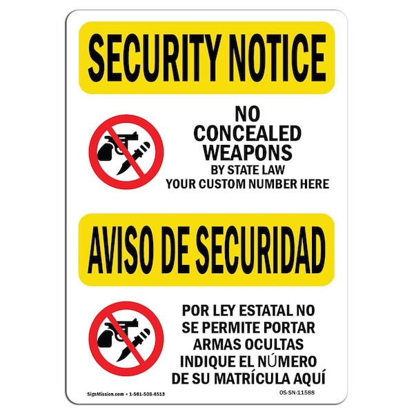 Sign, 7" H, 10" W, Aluminum, No Concealed Weapons Bilingual, Landscape, SN-L-11588